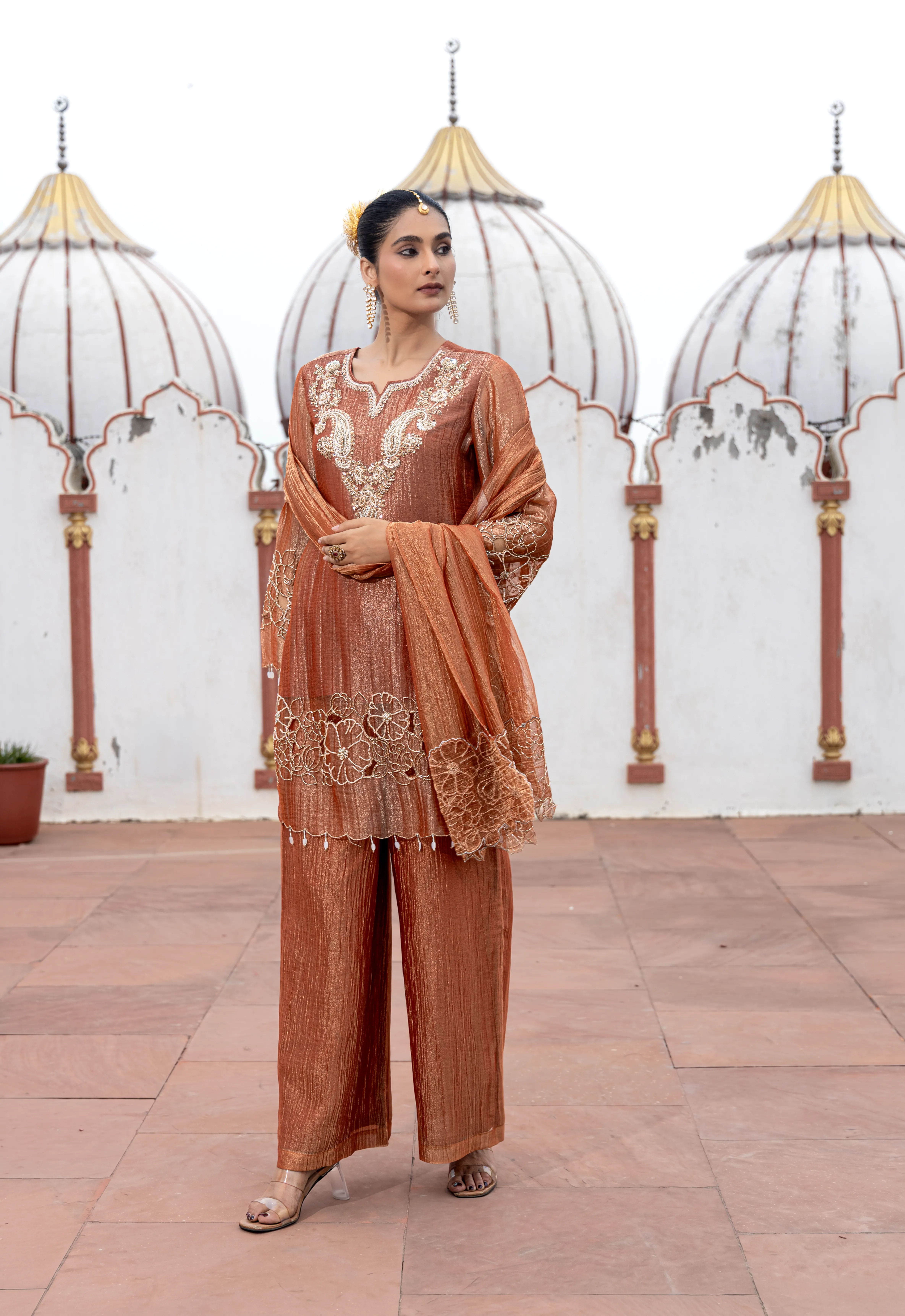 Rust Organza Kurta Set