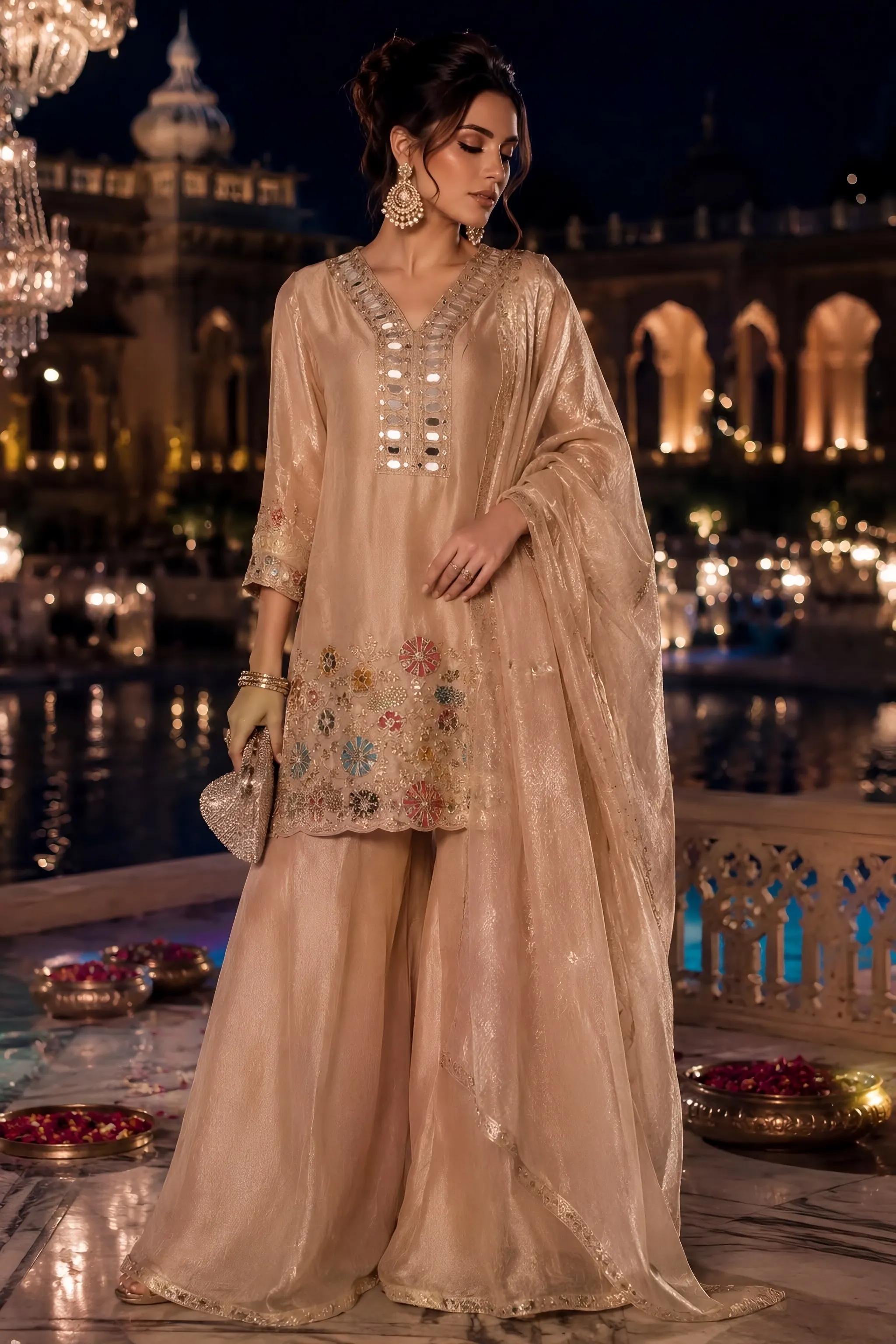 Peach Mirror Work Sharara Set