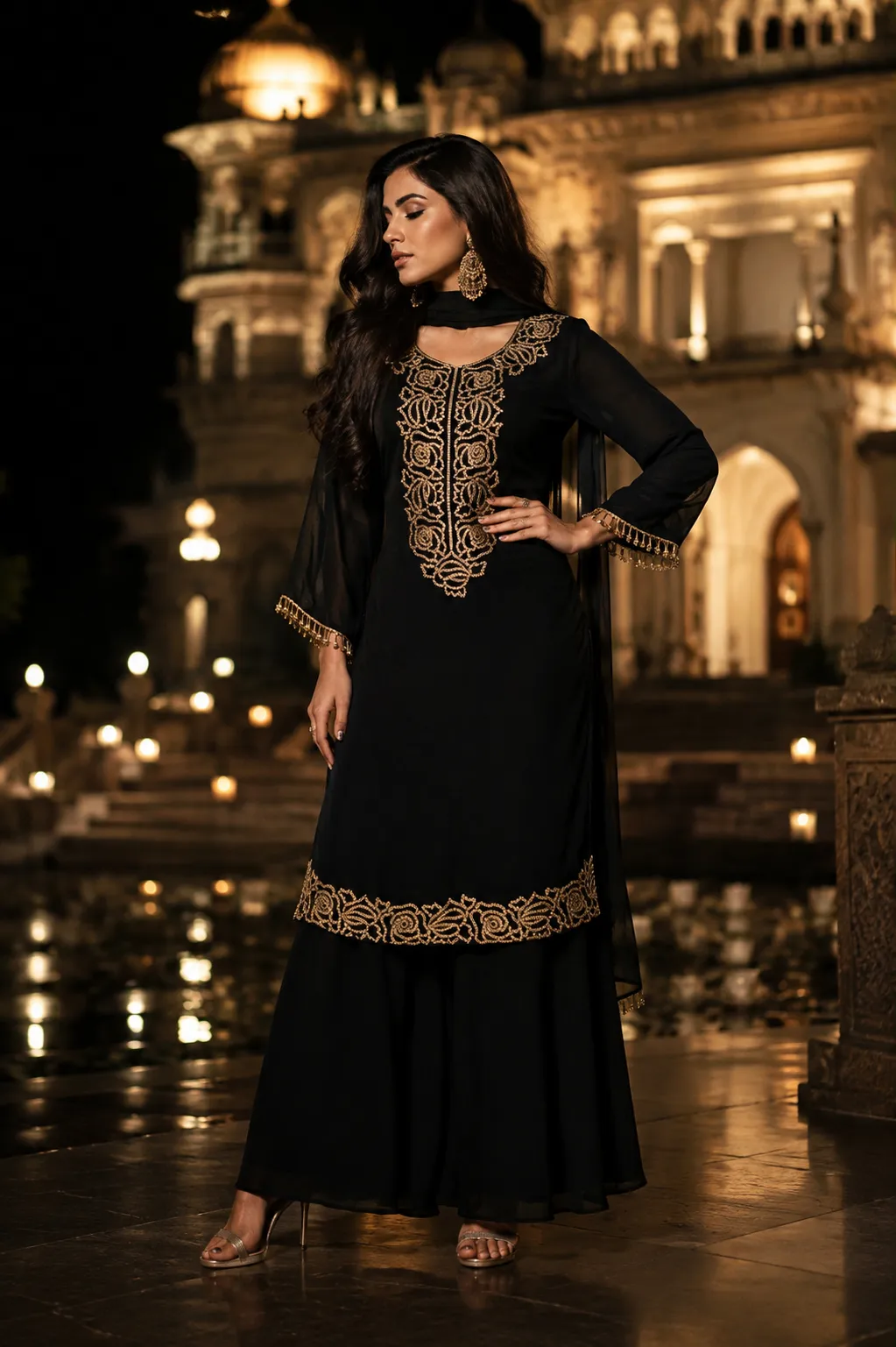 Black Embroidered Sharara Set